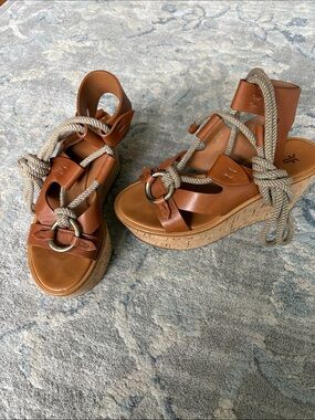 Frye Cognac Leather Rope-Wrap Wedge Sandals